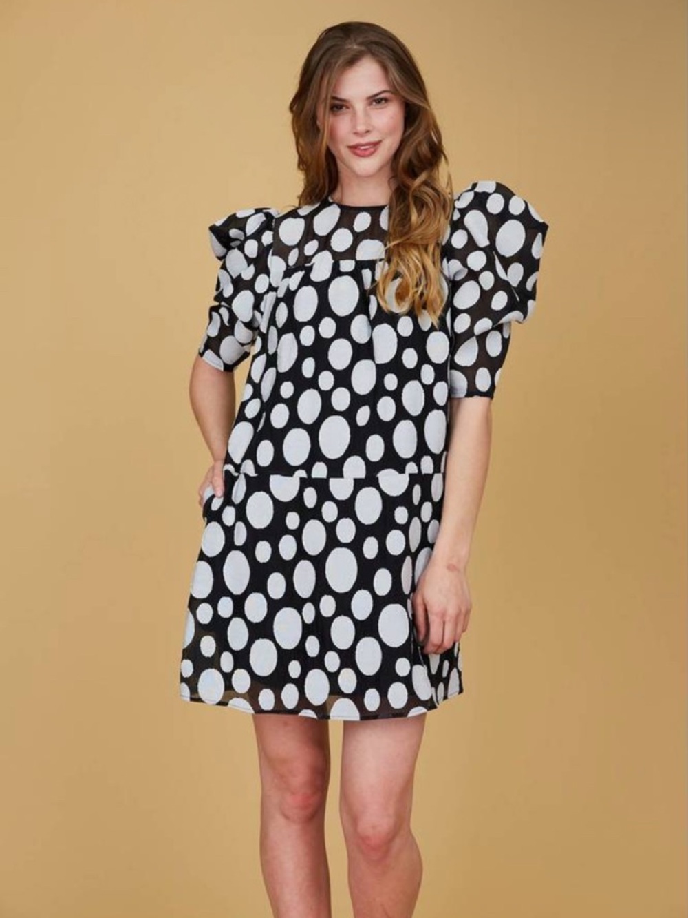 CROSBY - worn once Black & White Polka Dots Dot Puff Sleeve Shift Dress